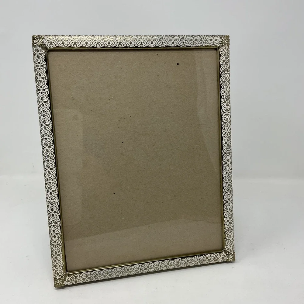 Vintage White Gold Lace Metal 8x10 Photo Frame Victorian Filigree Velvet Back